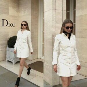 Zara Womens White Denim Shirt Dress With Button Front & Adjustable Waist - Size